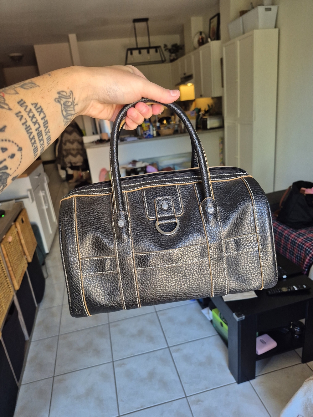 Tommy Hilfiger Black Pebbled Leather Duffel Satchel